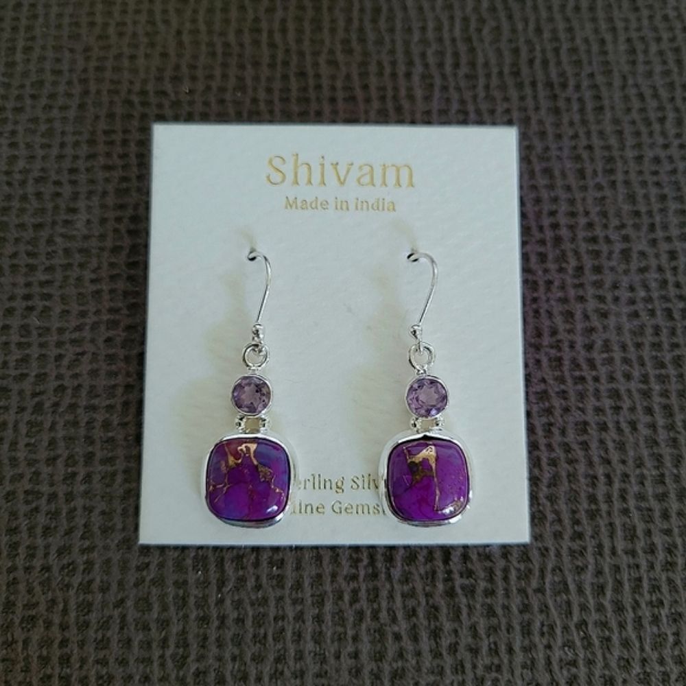 Shivam Square Shaped Purple💜 Copper Turquoise With Gold💛 Veins Earrings
